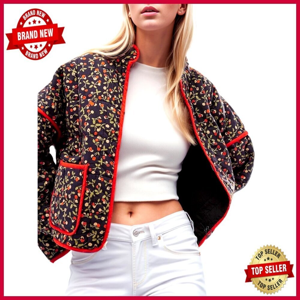 Cropped Quilted Puffer Jacket Open Front Floral Print Lightweight